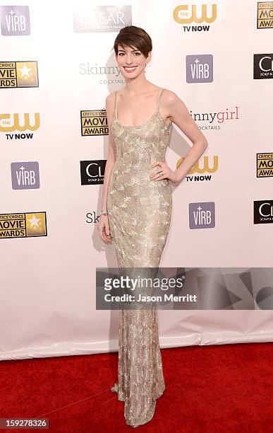 Actress Anne Hathaway arrives at the 18th Annual Critics' Choice Movie Awards held at Barker Hangar on January 10, 2013 in Santa Monica, California.