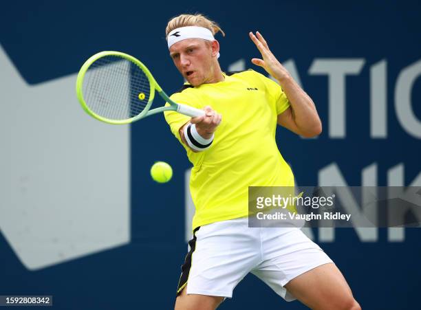Alejandro Davidovich Fokina of Spain hits a shot against Mackenzie McDonald of the United States during Day Five of the National Bank Open, part of...