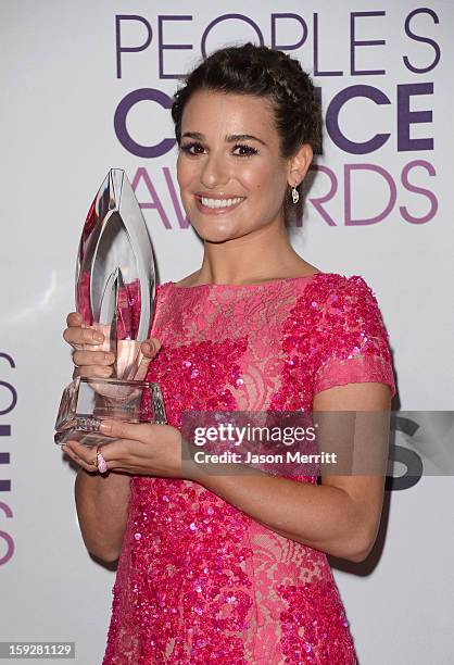 Actress Lea Michele, winner of Favorite TV Comedy Actress, poses in the press room at the 39th Annual People's Choice Awards at Nokia Theatre L.A....