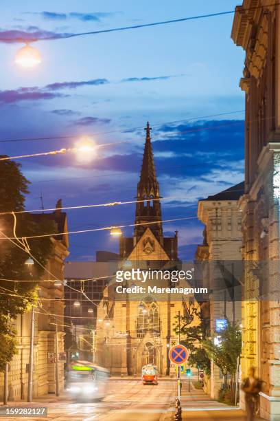 view of the red church at twilight - brno stock pictures, royalty-free photos & images