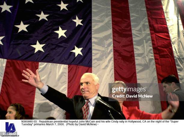 Republican presidential hopeful John McCain and his wife Cindy rally in Hollywood, CA on the night of the "Super Tuesday" primaries March 7, 2000.