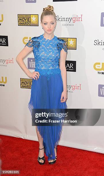 Actress Amanda Seyfried arrives at the 18th Annual Critics' Choice Movie Awards at Barker Hangar on January 10, 2013 in Santa Monica, California.