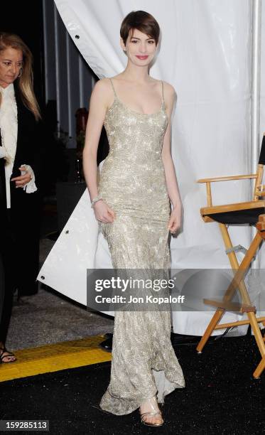 Actress Anne Hathaway poses in the press room at the 18th Annual Critics' Choice Movie Awards at Barker Hangar on January 10, 2013 in Santa Monica,...