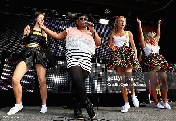 Basement Jaxx perform during game one of the Commonwealth Bank One Day International series between Australia and Sri Lanka at the Melbourne Cricket...