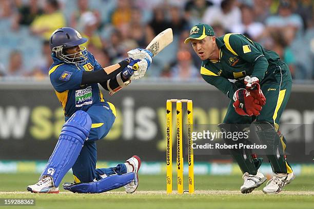 Tillakaratne Dilshan of Sri Lanka plays a shot during game one of the Commonwealth Bank One Day International series between Australia and Sri Lanka...