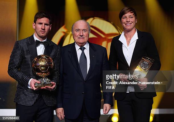 President Joseph S. Blatter with Ballon d'Or winner Lionel Messi and FIFA Women's World Player of the Year Award winner Abby Wambach of the USA...