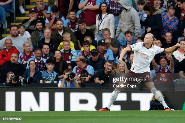 Erling Haaland of Manchester City celebrates scoring the opening goal during the Premier League match between Burnley FC and Manchester City at Turf...