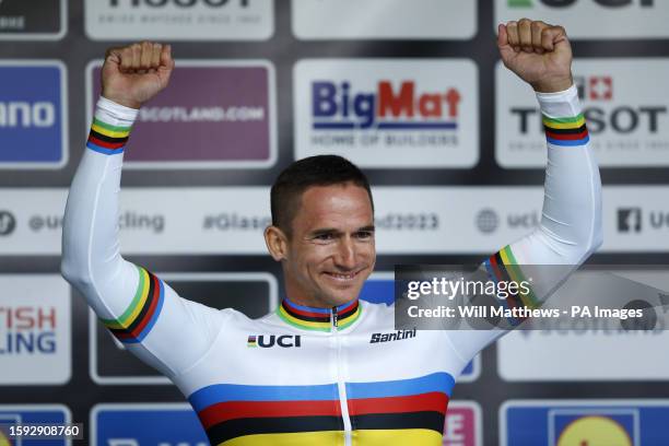 Belgium's Jonas van de Steene celebrates on the podium after winning the Men H4 Road Race on day nine of the 2023 UCI Cycling World Championships in...