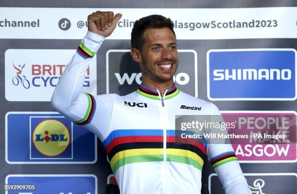 Italy's Mirko Testa celebrates after winning the Men H3 Road Race on day nine of the 2023 UCI Cycling World Championships in Dumfries, Scotland....