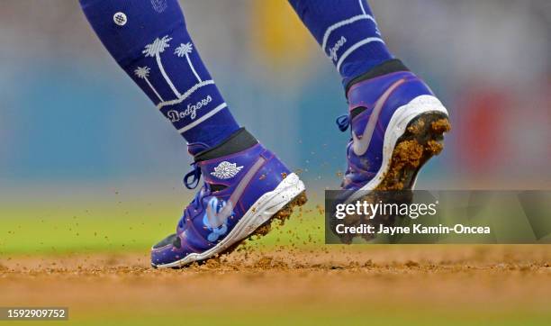 Detailed view of the baseball cleats worn by Mookie Betts of the Los Angeles Dodgers against the Oakland Athletics at Dodger Stadium on August 3,...