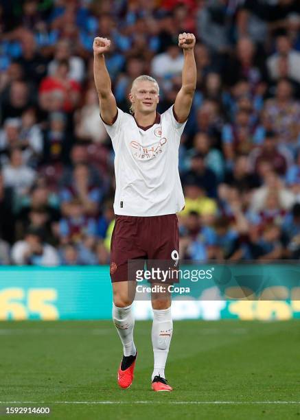 Erling Haaland of Manchester City celebrates scoring the 2nd goal during the Premier League match between Burnley FC and Manchester City at Turf Moor...