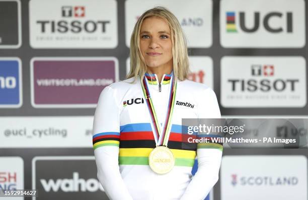 S Oksana Masters celebrates with the gold medal after victory in the Women H5 Road Race on day nine of the 2023 UCI Cycling World Championships in...