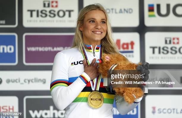 S Oksana Masters celebrates with the gold medal after victory in the Women H5 Road Race on day nine of the 2023 UCI Cycling World Championships in...