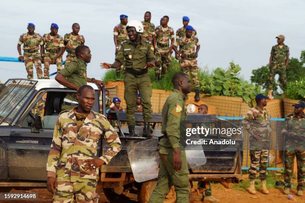 Police take security measures during the coup supporters gather for a demonstration in front of the French base in Niamey, Niger on August 11, 2023.