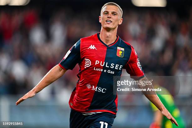 Albert Gudmundsson of Genoa celebrates after scoring a goal during the Coppa Italia Round of 32 match between Genoa CFC and Modena at Stadio Luigi...