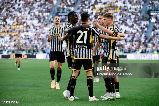 Kaio Jorge of Juventus FC celebrates with his teammates after scoring a goal during the friendly football match between Juventus FC and Juventus Next...