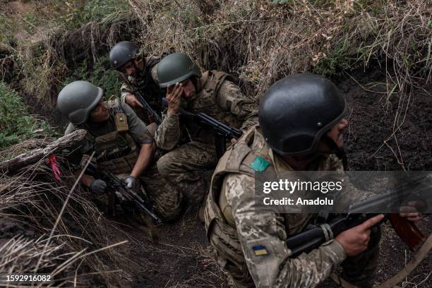 Ukrainian soldiers take infantry training in Donetsk Oblast as the Russia-Ukraine war continues in Ukraine, on August 11, 2023.