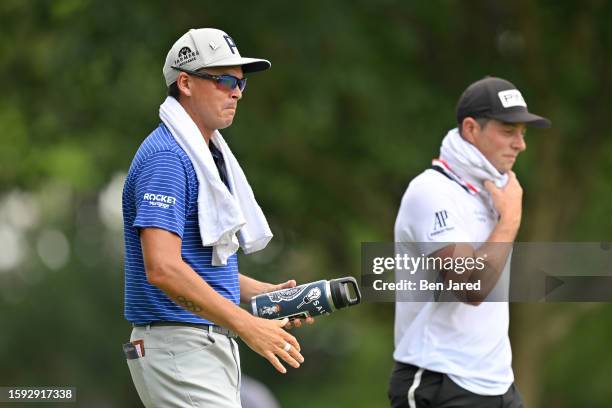 Rickie Fowler and Viktor Hovland of Norway walk off the 11th tee box together during the second round of the FedEx St. Jude Championship at TPC...