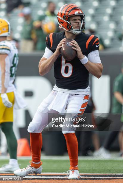 Quarterback Jake Browning of the Cincinnati Bengals is seen before a preseason game against the Green Bay Packers at Paycor Stadium on August 11,...