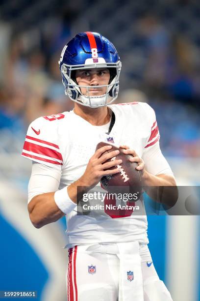 Daniel Jones of the New York Giants looks on against the Detroit Lions before the preseason game at Ford Field on August 11, 2023 in Detroit,...