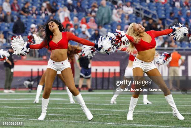 Patriots cheerleaders before a preseason game between the New England Patriots and the Houston Texans on August 10 at Gillette Stadium in Foxborough,...