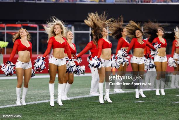 Patriots cheerleaders during a preseason game between the New England Patriots and the Houston Texans on August 10 at Gillette Stadium in Foxborough,...