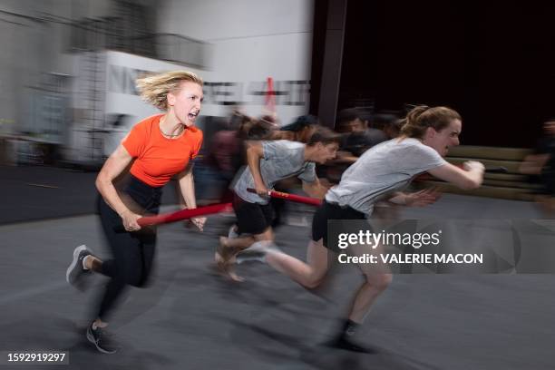 Stunts Master Class students attend a training session at the Tempest Academy, in Chatsworth, California, on August 10, 2023. Hollywood's striking...