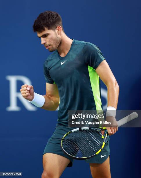 Carlos Alcaraz of Spain reacts after winning a point against Tommy Paul of the United States during Day Five of the National Bank Open, part of the...