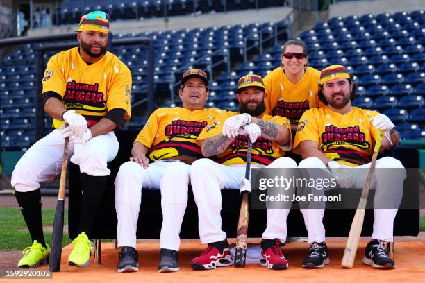 The Steamed Cheeseburgers pose prior to the HRDX Hartford at Dunkin Park on Friday, August 11, 2023 in Hartford, Connecticut.