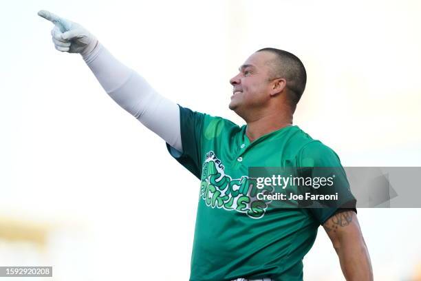 Nick Swisher of the Bouncing Pickles points during the HRDX Hartford at Dunkin Park on Friday, August 11, 2023 in Hartford, Connecticut.