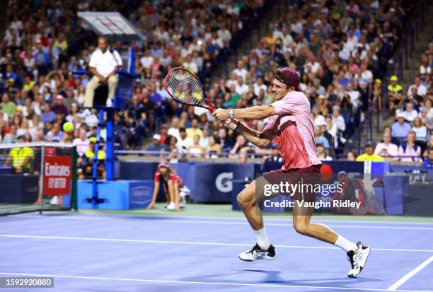 Tommy Paul of the United States hits the winning shot against Carlos Alcaraz of Spain during Day Five of the National Bank Open, part of the Hologic...