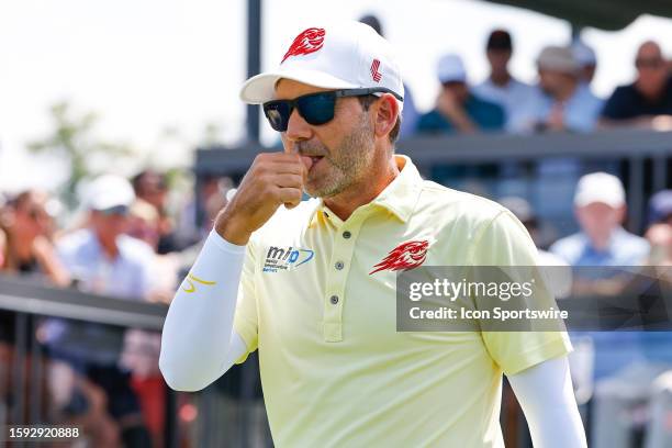 Sergio Garcia of Fireballs GC at the 1st tee during LIV Golf Bedminster- round 1 on August 11, 2023 at Trump National Golf Club in Bedminster, New...