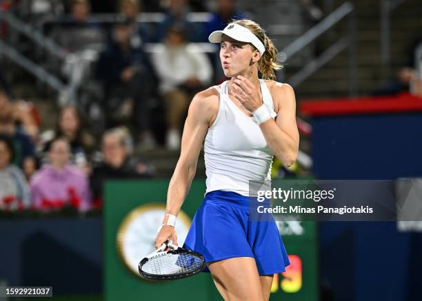 Liudmila Samsonova reacts in her match against Belinda Bencic of Switzerland on Day 5 during the National Bank Open at Stade IGA on August 11, 2023...