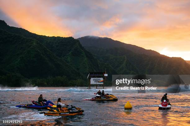 The judges tower during Heat 1 of the Opening Round at the SHISEIDO Tahiti Pro on August 11, 2023 at Teahupoo, Tahiti, French Polynesia.