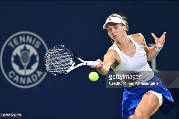 Liudmila Samsonova hits a return against Belinda Bencic of Switzerland on Day 5 during the National Bank Open at Stade IGA on August 11, 2023 in...