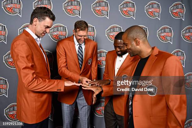 Pau Gasol, Dirk Nowitzki, Tony Parker and Dwayne Wade pose for a portrait during the Class of 2023 Tip-Off Celebration and Awards Gala as part of the...
