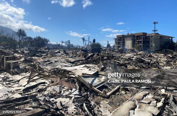 Destroyed buildings and homes are pictured in the aftermath of a wildfire in Lahaina, western Maui, Hawaii on August 11, 2023. A wildfire that left...