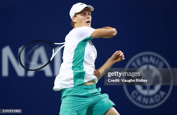 Jannik Sinner of Italy hits a shot against Gael Monfils of France during Day Five of the National Bank Open, part of the Hologic ATP Tour, at Sobeys...