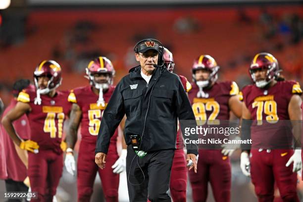 Head coach Ron Rivera of the Washington Commanders looks on during the second half of a preseason game against the Cleveland Browns at Cleveland...
