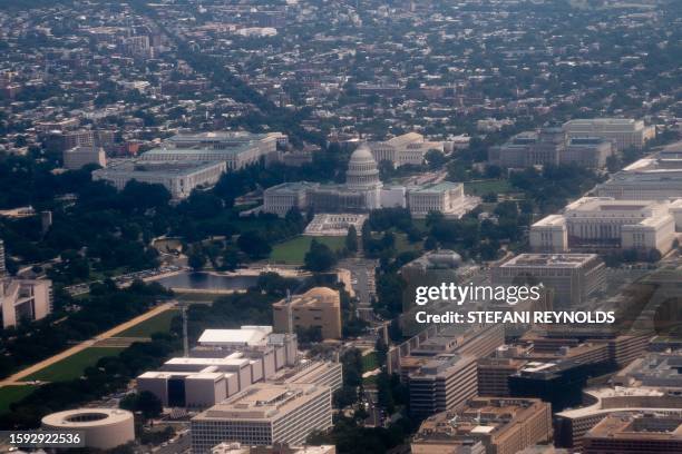 An aerial view shows the US Capitol in Washington, DC, on August 11, 2023.