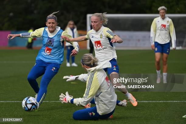 Sweden's defender Anna Sandberg and goalkeeper Jennifer Falk attend a training session in Auckland on August 12 ahead of Australia and New Zealand...
