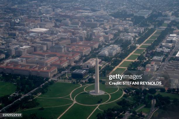 An aerial view shows the Washington Monument in Washington, DC, on August 11, 2023.