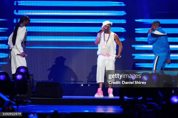 Snoop Dogg, Slick Rick, and Doug E. Fresh perform during the Hip Hop 50 Live at Yankee Stadium on Friday, August 11, 2023 in New York, New York.