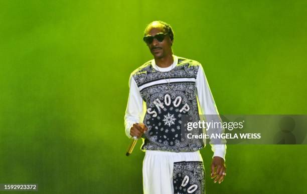 Rapper Snoop Dogg performs during the Hip Hop 50 Live concert, marking the 50th anniversary of the birth of hip hop, at Yankee Stadium in the Bronx...