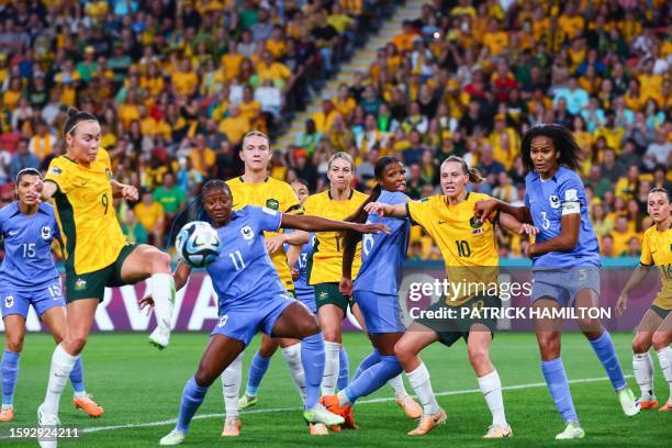 Australia's forward Caitlin Foord attempts a shot on goal during the Australia and New Zealand 2023 Women's World Cup quarter-final football match...