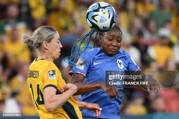 France's forward Kadidiatou Diani heads the ball next to Australia's defender Alanna Kennedy during the Australia and New Zealand 2023 Women's World...