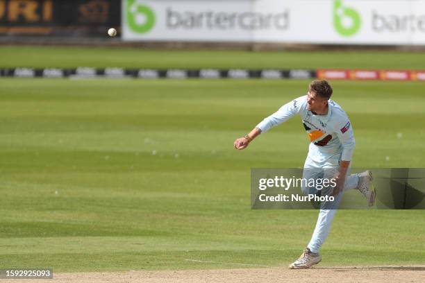 Alex Thomson of Derbyshire bowling during the Metro Bank One Day Cup match between Durham County and Derbyshire at the Seat Unique Riverside, Chester...