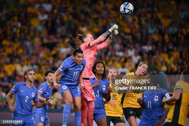 France's goalkeeper Pauline Peyraud-Magnin makes a save during the Australia and New Zealand 2023 Women's World Cup quarter-final football match...