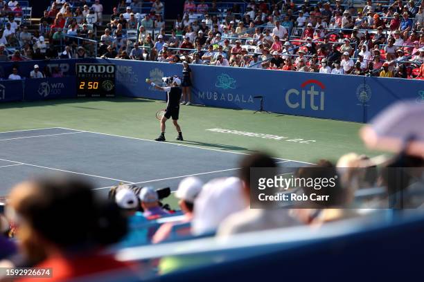 Andy Murray of Great Britain serves against Taylor Fritz of the United States during Day 7 of the Mubadala Citi DC Open at Rock Creek Tennis Center...