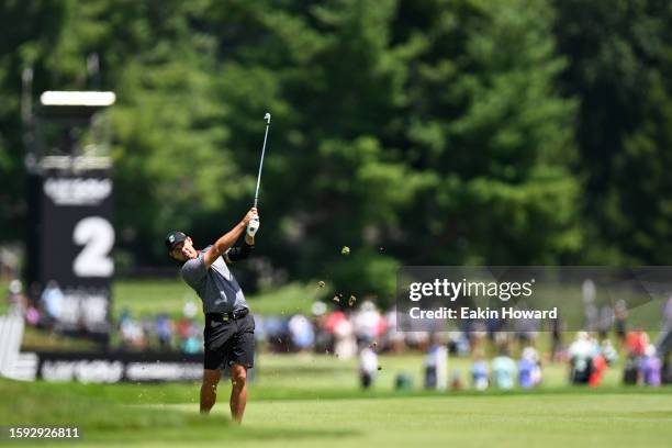 Charl Schwartzel of South Africa plays his second shot of the 11th hole during day one of the LIV Golf Invitational - Greenbrier at The Old White...